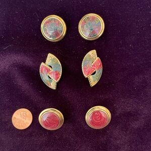 Vintage Gold, Turquoise and Pink Stud Earrings Set Qty 3